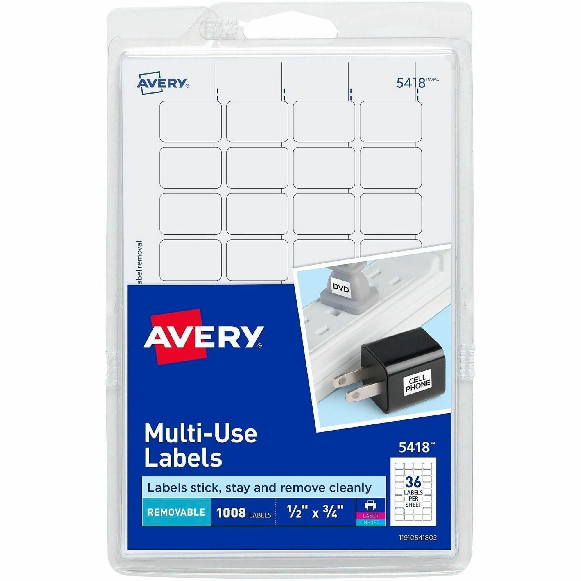Avery&reg; Removable ID Labels - 1/2" Width x 3/4" Length - Removable Adhesive - Rectangle - Laser, Inkjet - White - Self-adhesive - 1008 / Pack