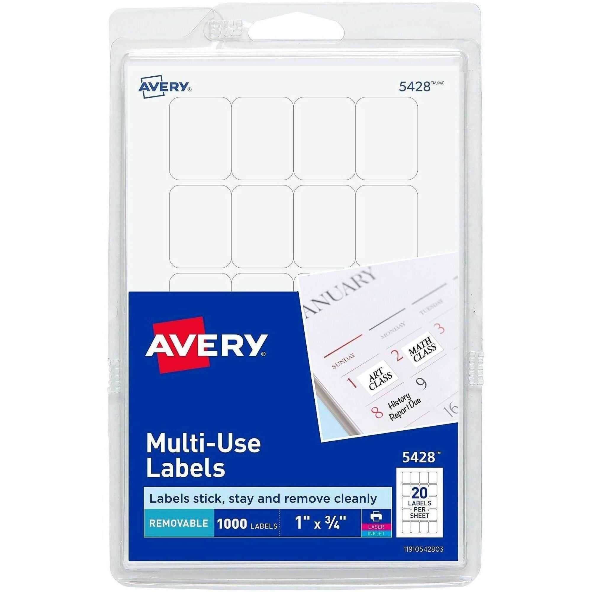 Avery&reg; Removable ID Labels - 1" Width x 3/4" Length - Removable Adhesive - Rectangle - Laser, Inkjet - White - Self-adhesive - 1000 / Pack