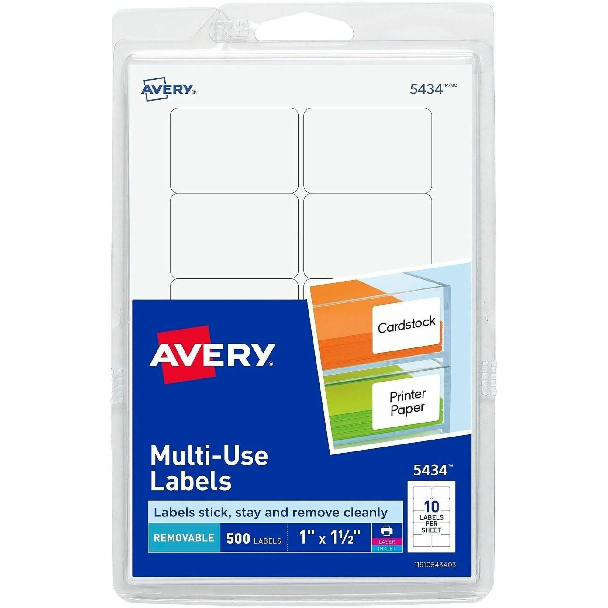 Avery&reg; Removable ID Labels - 1 1/2" Width x 1" Length - Removable Adhesive - Rectangle - Laser, Inkjet - White - Self-adhesive - 500 / Pack