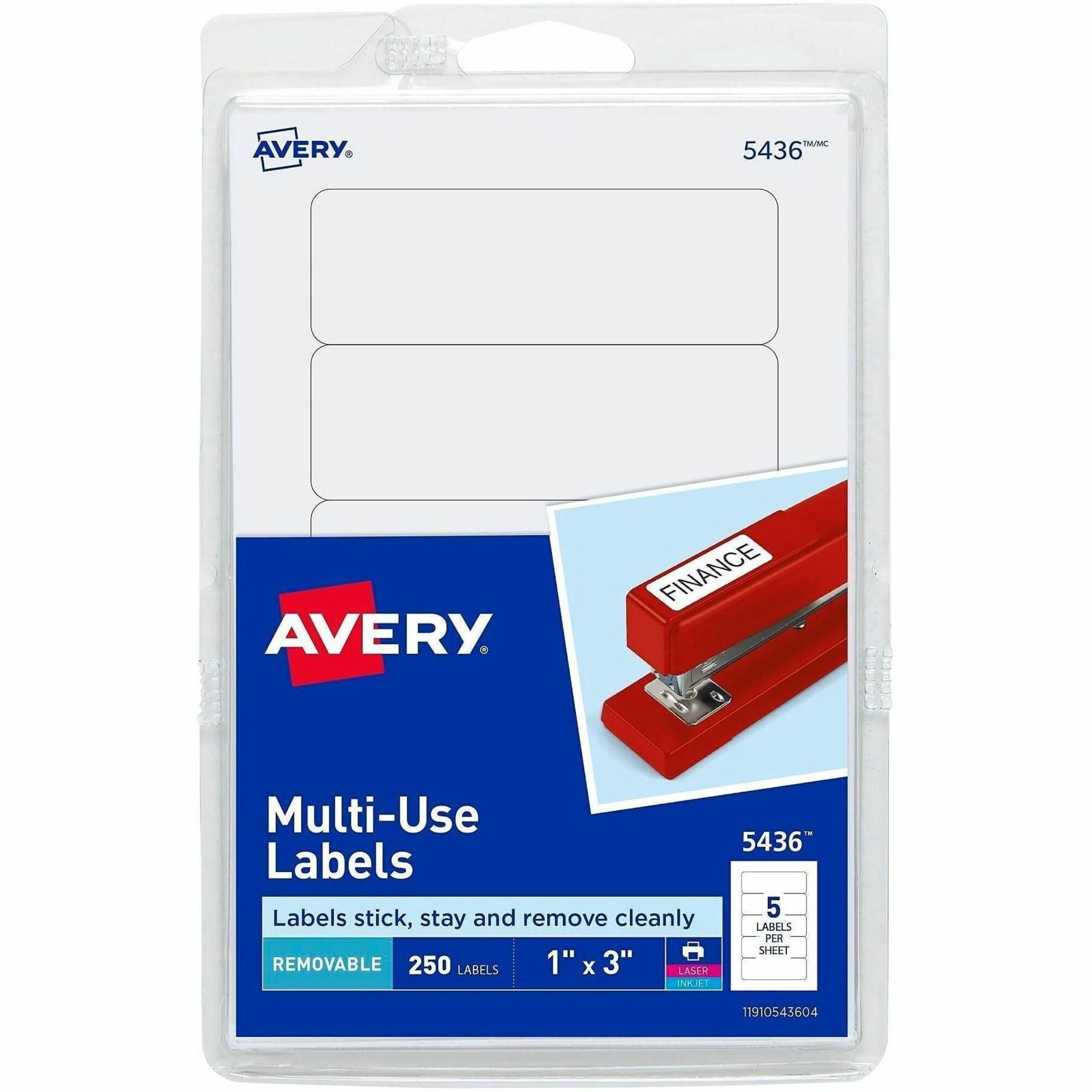 Avery&reg; Removable ID Labels - 3" Width x 1" Length - Removable Adhesive - Rectangle - Laser, Inkjet - White - Self-adhesive - 250 / Pack