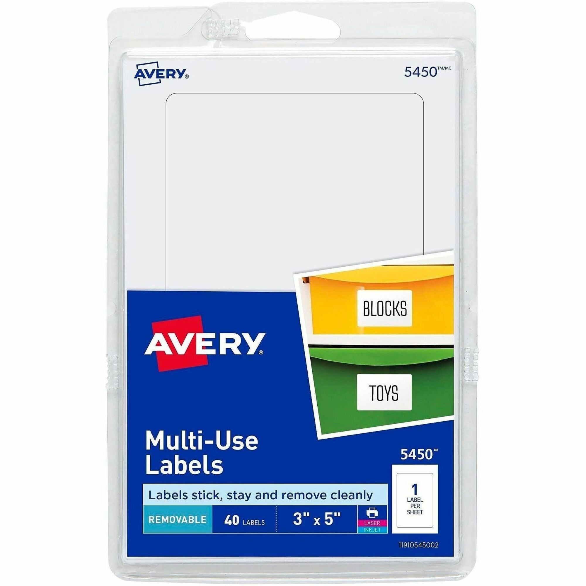 Avery&reg; Removable ID Labels - 5" Width x 3" Length - Removable Adhesive - Rectangle - Laser, Inkjet - White - Self-adhesive - 40 / Pack