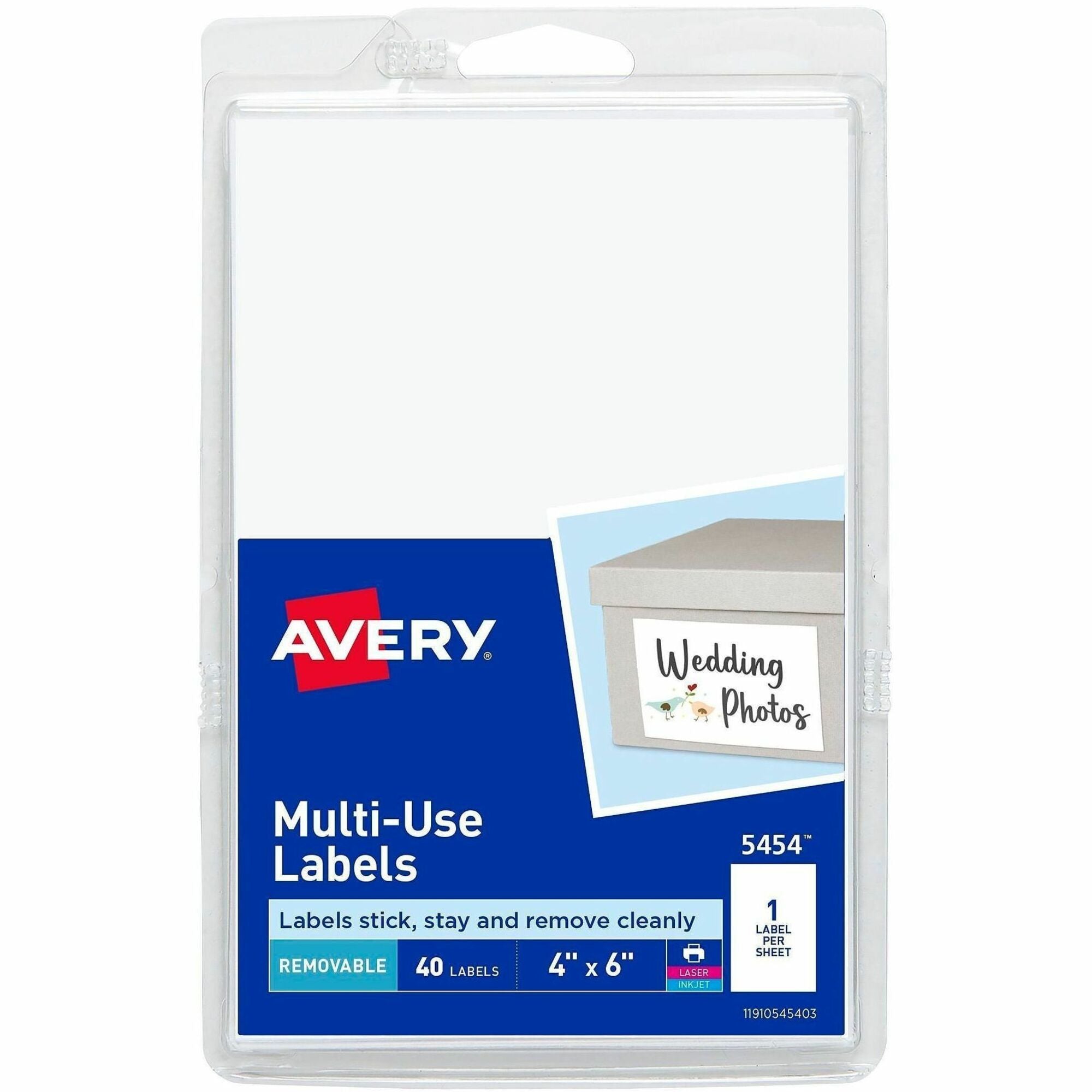 Avery&reg; Removable ID Labels - 6" Width x 4" Length - Removable Adhesive - Rectangle - Laser, Inkjet - White - Self-adhesive - 40 / Pack