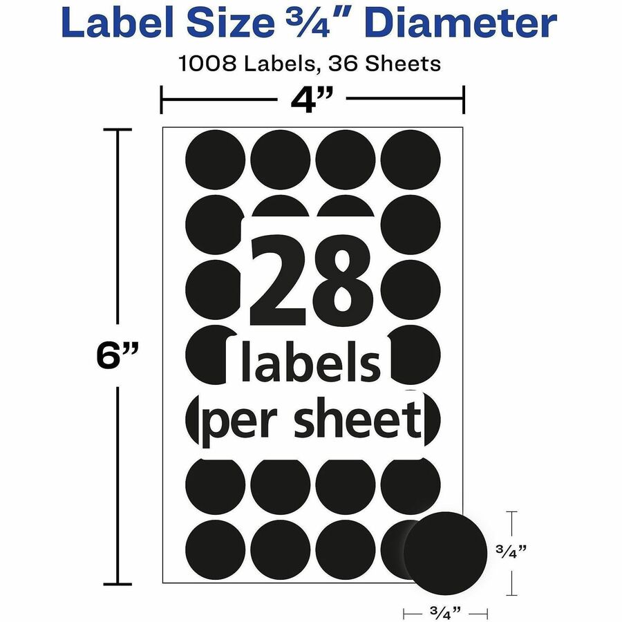 Avery&reg; Color-Coding Labels - 3/4" Diameter - Removable Adhesive - Round - Laser, Inkjet - Black - Paper - Self-adhesive - 28 / Sheet - 1008 / Pack