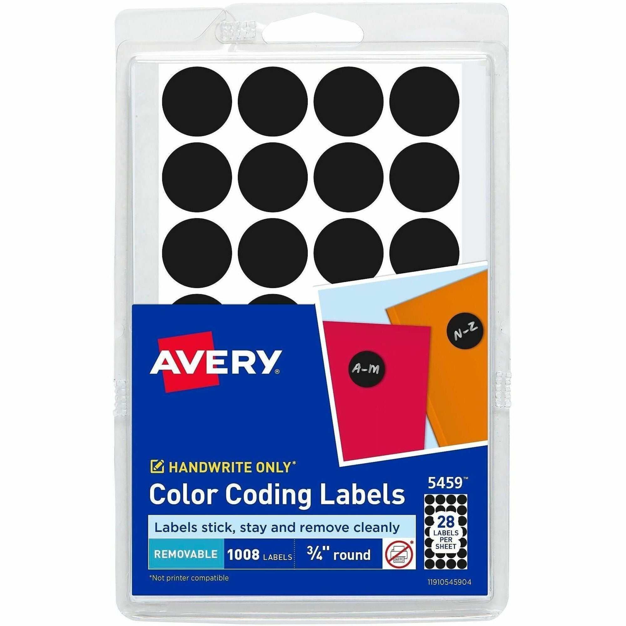 Avery&reg; Color-Coding Labels - 3/4" Diameter - Removable Adhesive - Round - Laser, Inkjet - Black - Paper - Self-adhesive - 28 / Sheet - 1008 / Pack