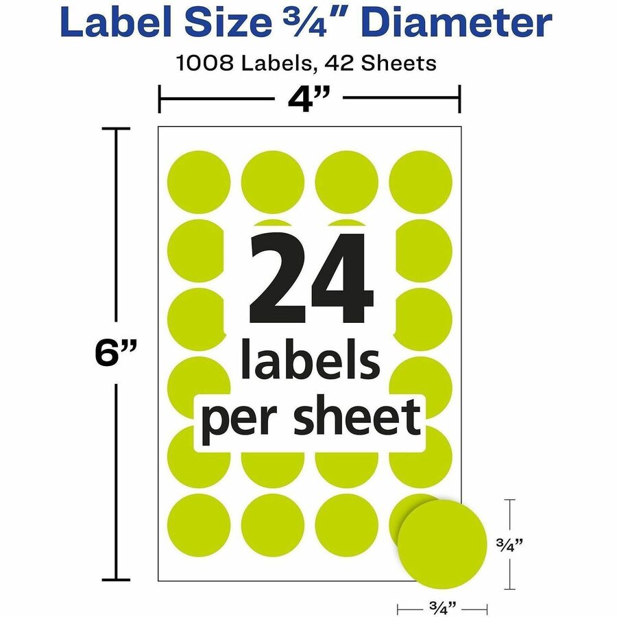 Avery&reg; Color-Coding Labels - 3/4" Diameter - Removable Adhesive - Round - Laser - Neon Yellow - 24 / Sheet - 1008 / Pack