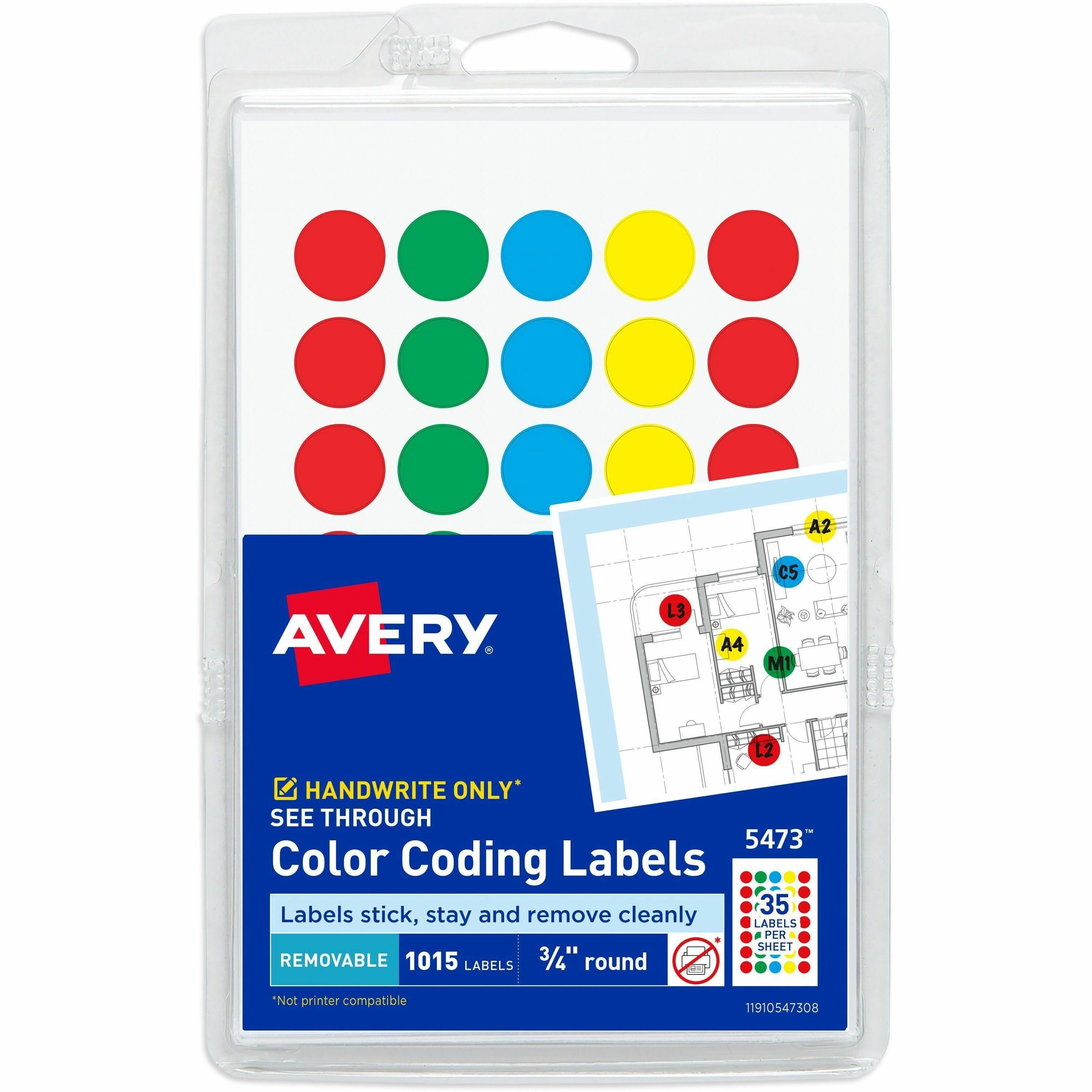 Avery&reg; Color Coded Label - 3/4" Diameter - Removable Adhesive - Round - Green, Light Blue, Red, Yellow - Film - 35 / Sheet - 29 Total Sheets - 1015 Total Label(s) - 1000 / Pack