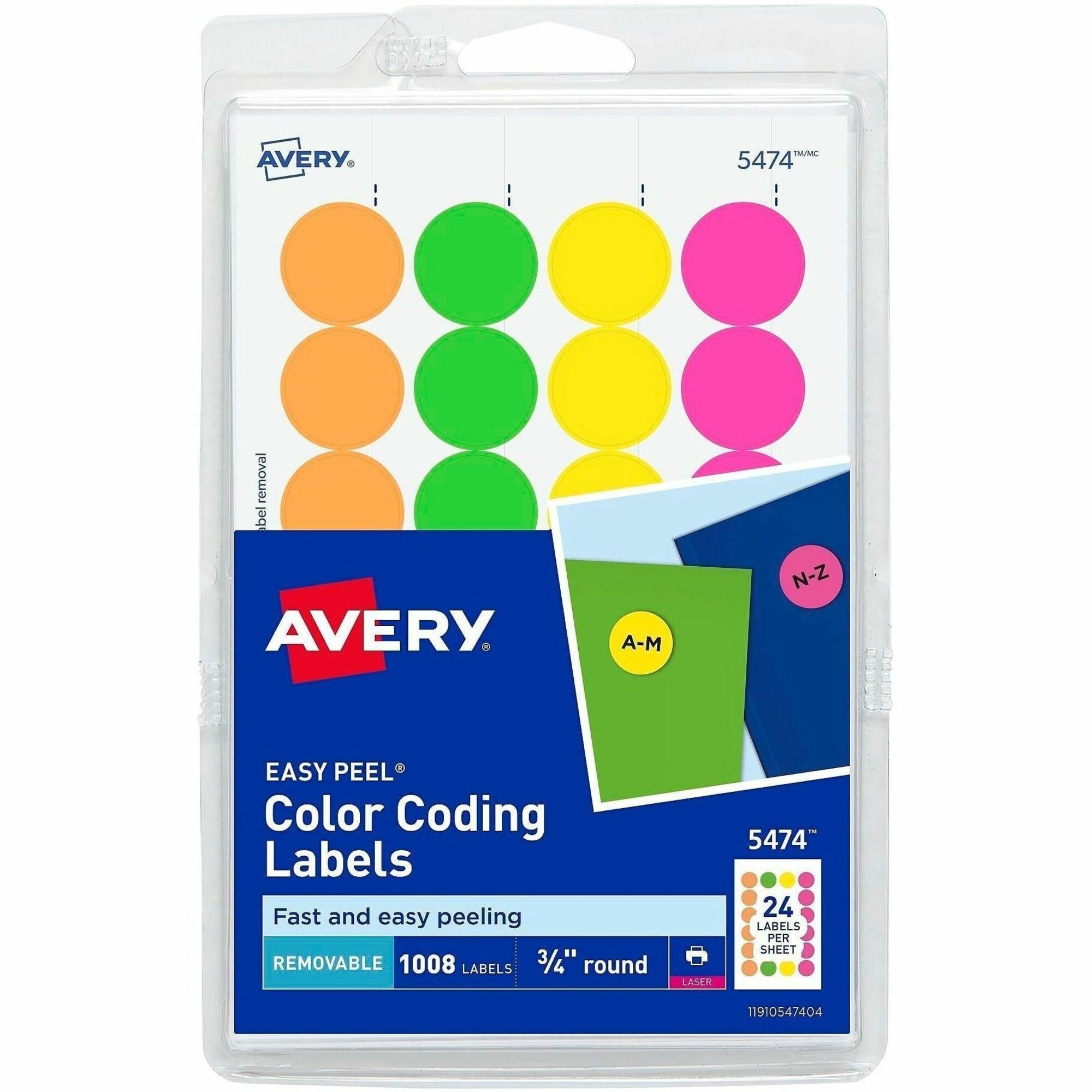 Avery&reg; Color Coded Label - 3/4" Diameter - Removable Adhesive - Round - Laser - Neon Green, Neon Orange, Neon Pink, Neon Yellow - Paper - 24 / Sheet - 42 Total Sheets - 1008 Total Label(s) - 1008 / Pack