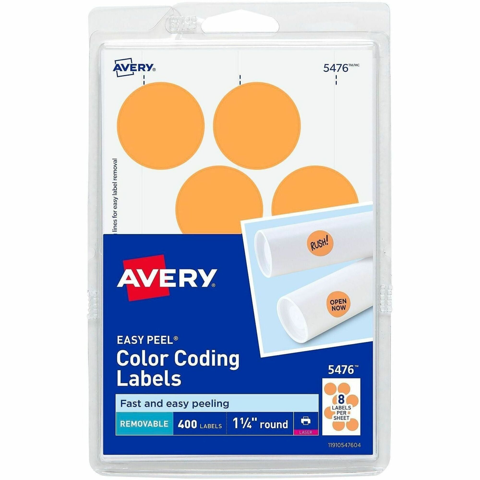 Avery&reg; 1-1/4" Color-Coding Labels - 1 1/4" Diameter - Removable Adhesive - Round - Laser - Orange - 12 / Sheet - 400 / Pack