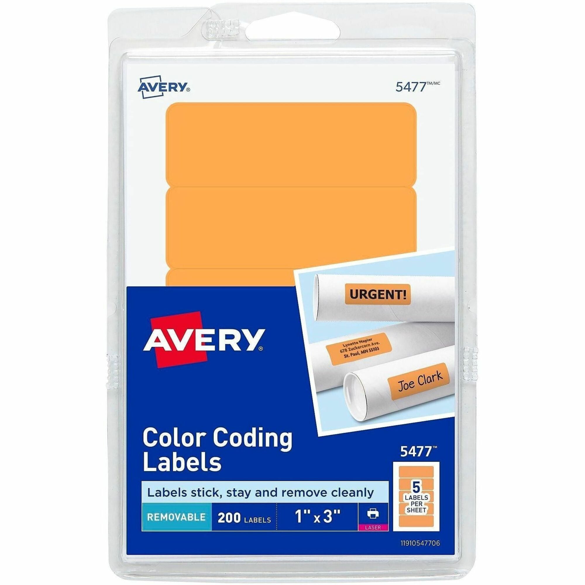 1" Width x 3" Length - Removable Adhesive - Rectangle - Laser - Orange - 200 / Pack
