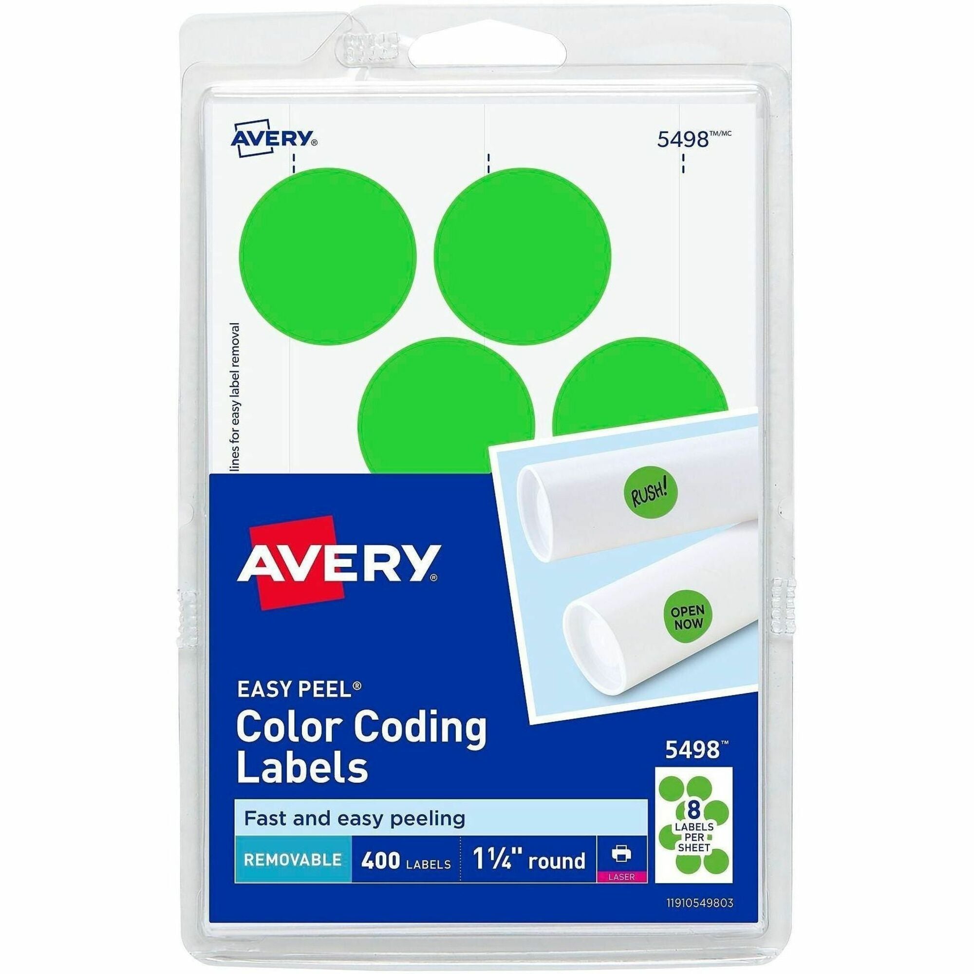 Avery&reg; 1-1/4" Color-Coding Labels - 1 1/4" Diameter - Removable Adhesive - Round - Laser - Neon Green - 12 / Sheet - 1 Pack
