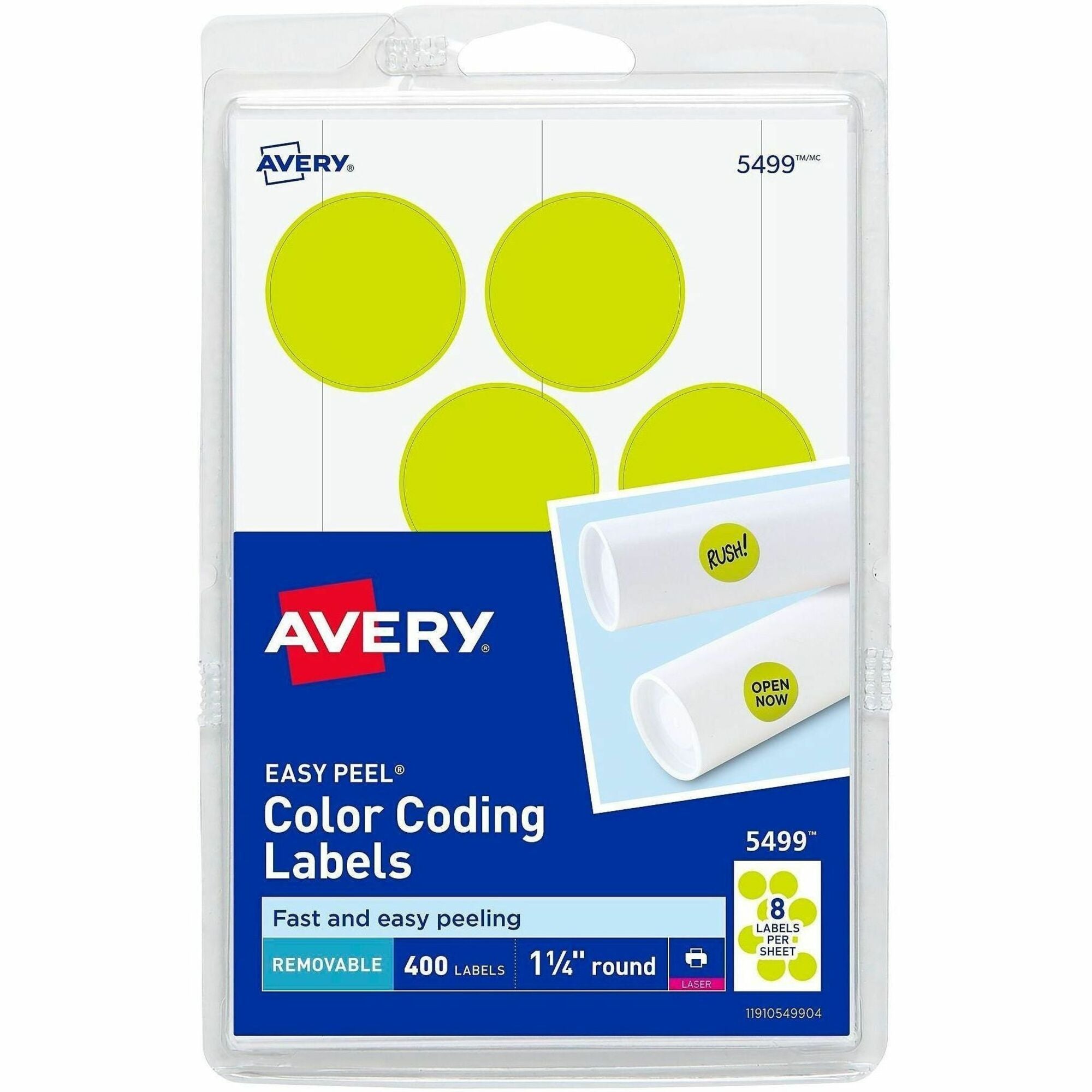 Avery&reg; 1-1/4" Color-Coding Labels - 1 1/4" Diameter - Removable Adhesive - Round - Laser - Neon Yellow - 12 / Sheet - 400 / Pack
