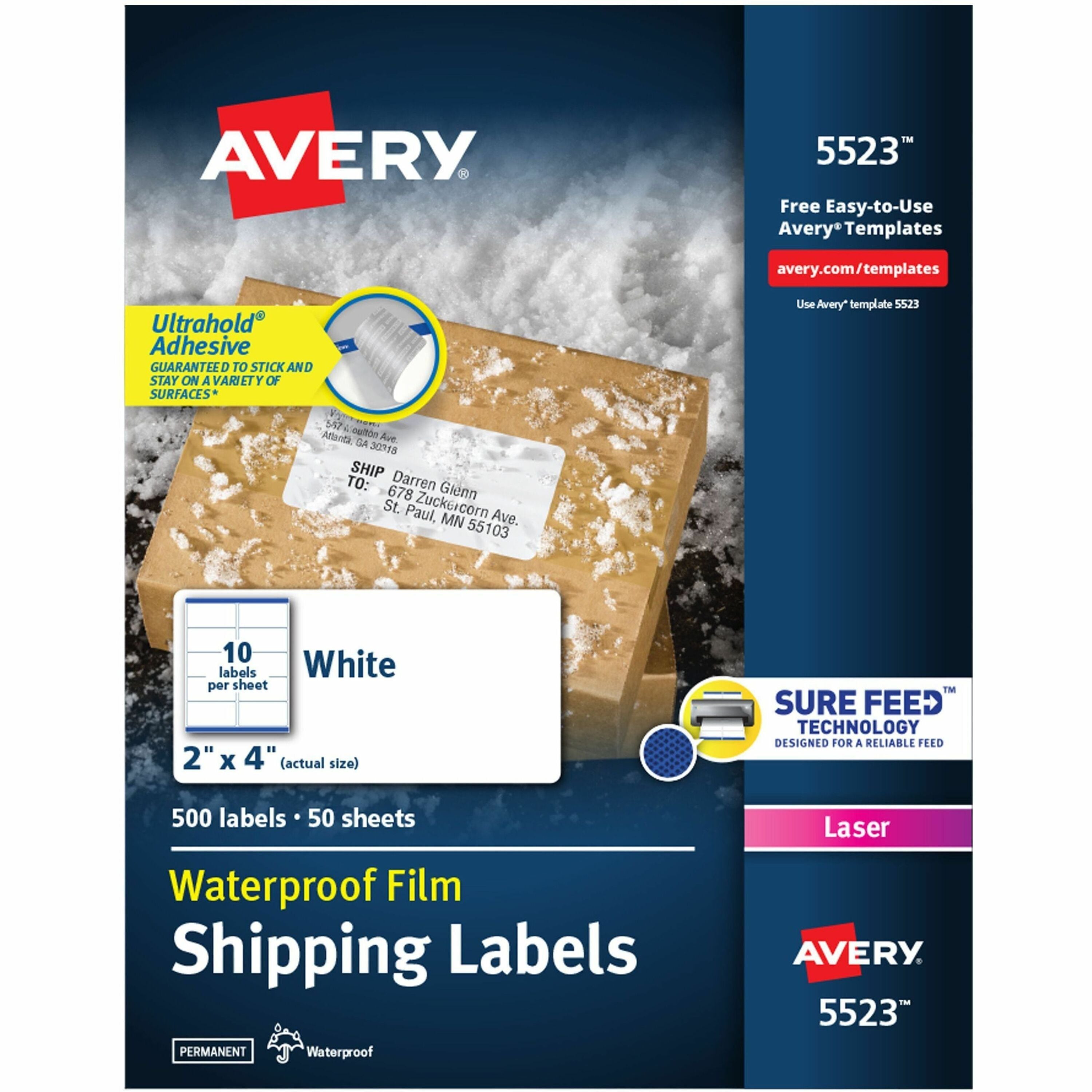 Avery Waterproof Labels, 2" x 4", Matte White, Permanent Adhesive, Rectangle, Laser Printable, 500 Labels (10/Sheet, 50 Sheets)