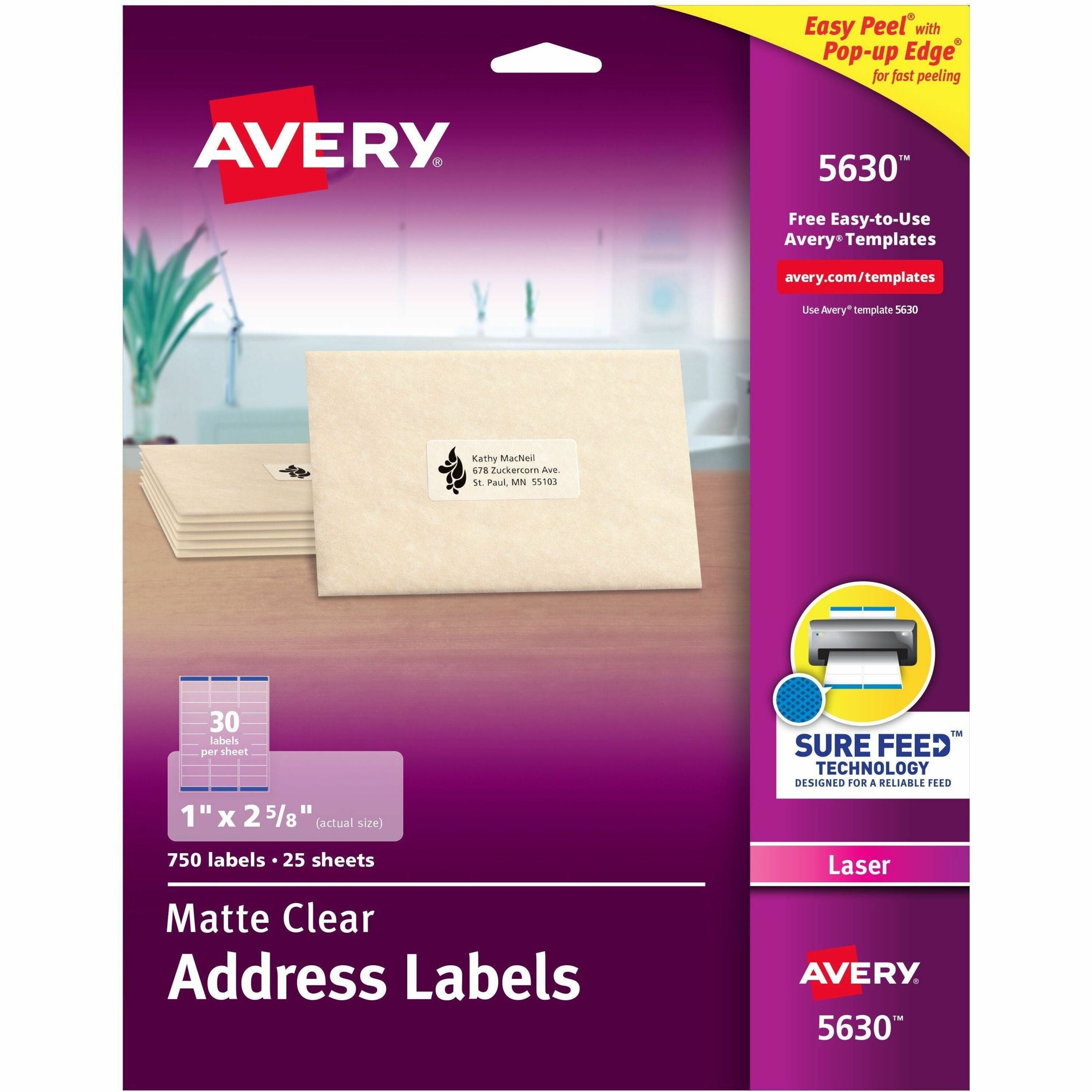 Avery Easy Peel Clear Return Address Labels, 1" x 2 5/8", Matte, Permanent Adhesive, Laser Compatible, Rectangle, Jam Resistant, 30 Labels/Sheet, 25 Sheets, 750 Labels/Box