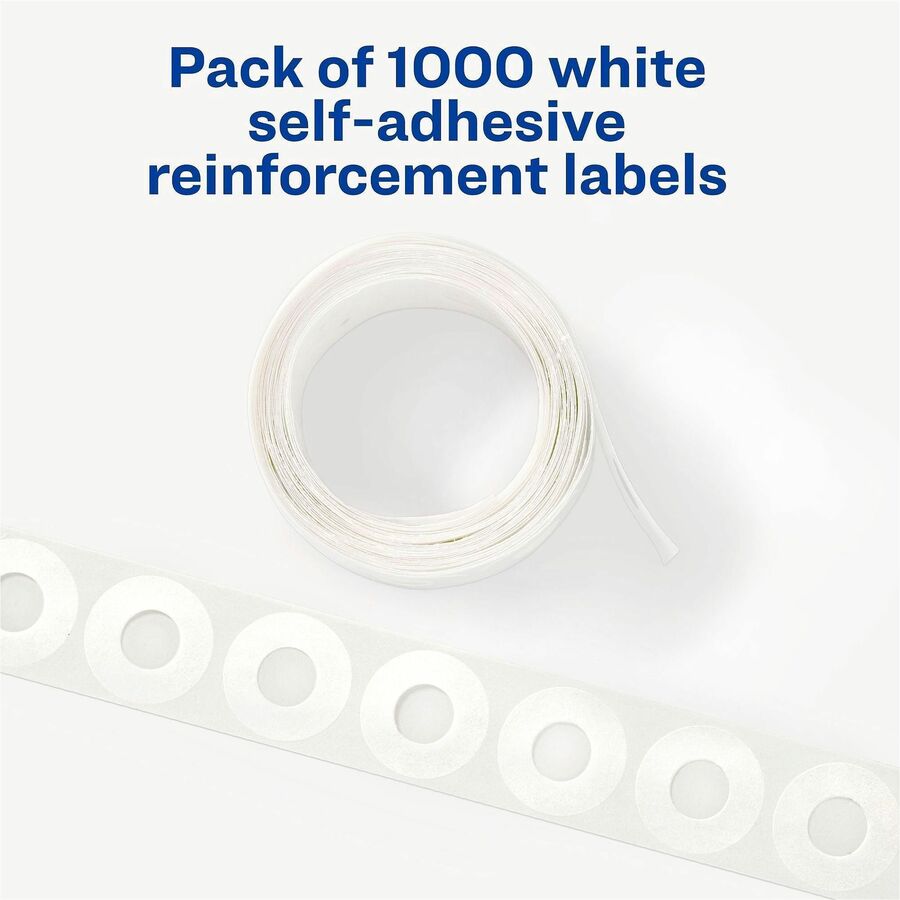 Avery&reg; White Self-Adhesive Reinforcement Labels - 0.3" Diameter - 3 x Holes - Round - White - Polyvinyl - 1 Pack