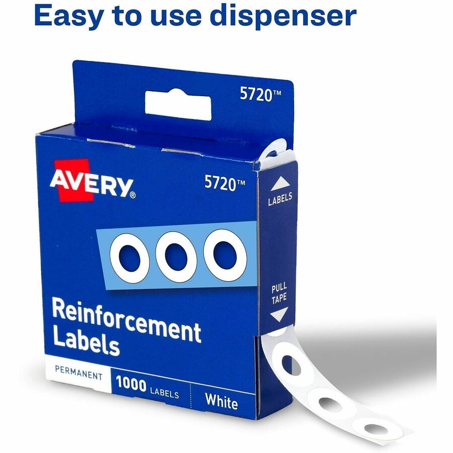 Avery&reg; White Self-Adhesive Reinforcement Labels - 0.3" Diameter - 3 x Holes - Round - White - Polyvinyl - 1 Pack