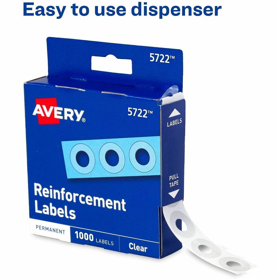 Avery&reg; Hole Reinforcement Label Rings - 0.3" Diameter - 0.25" Maximum Capacity - Round - Clear - Polyvinyl - 1000 / Pack