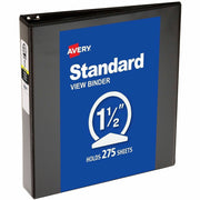 Avery Economy View Binder, 1 1/2" Capacity, 3 Round Rings, Letter Size (8 1/2" x 11"), 275 Sheet Capacity, 2 Internal Pockets, Black, 1 Each