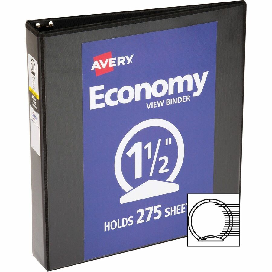 Avery Economy View Binder, 1 1/2" Capacity, 3 Round Rings, Letter Size (8 1/2" x 11"), 275 Sheet Capacity, 2 Internal Pockets, Black, 1 Each