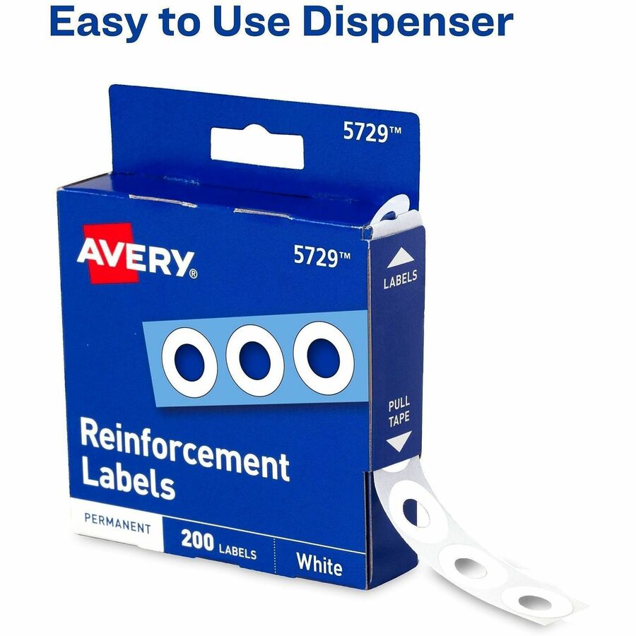 Avery&reg; White Self-Adhesive Reinforcement Labels - 0.3" Diameter - 0.25" Maximum Capacity - Round - White - 200 / Pack