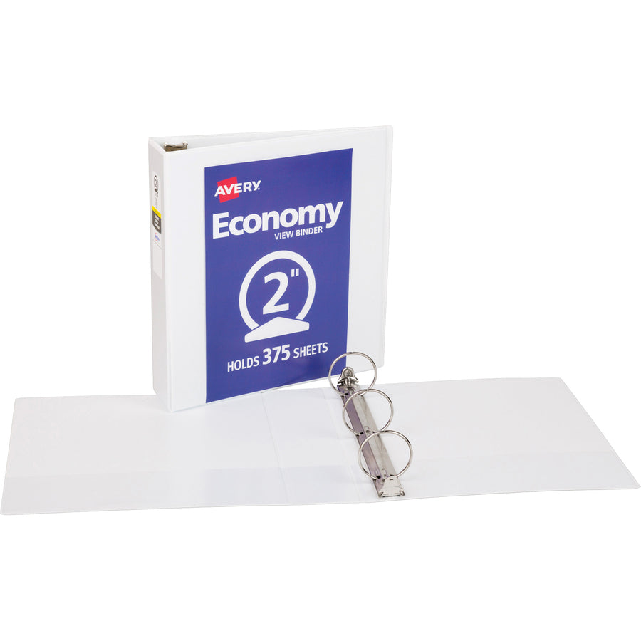 Avery Economy View Binder, 2" Capacity, 3 Round Rings, 375 Sheet Capacity, Letter Size 8.5" x 11", 2 Internal Pockets, White, Vinyl, 1 Each