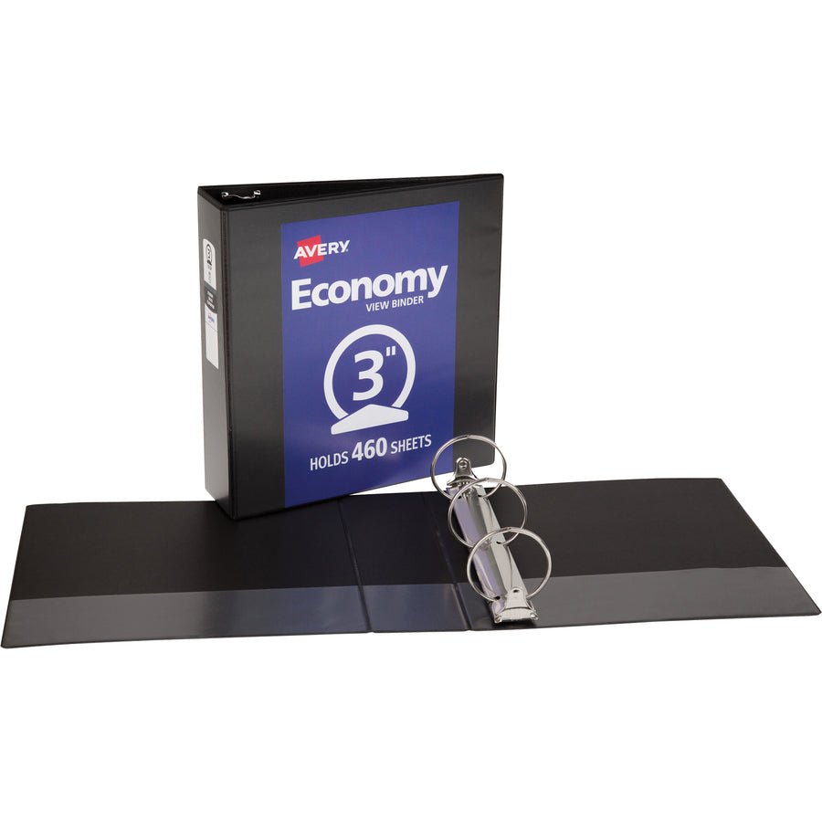 Avery Economy View Binder, 3" Capacity, 460 Sheet, 3 Round Rings, 2 Internal Pockets, Letter Size (8.5" x 11"), Black, Vinyl, 1 Each