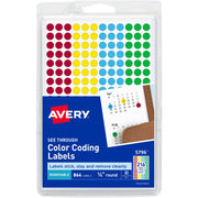 1/4" Diameter - Removable Adhesive - Round - Green, Light Blue, Red, Yellow - Film - 216 / Sheet - 4 Total Sheets - 864 Total Label(s) - 860 / Pack