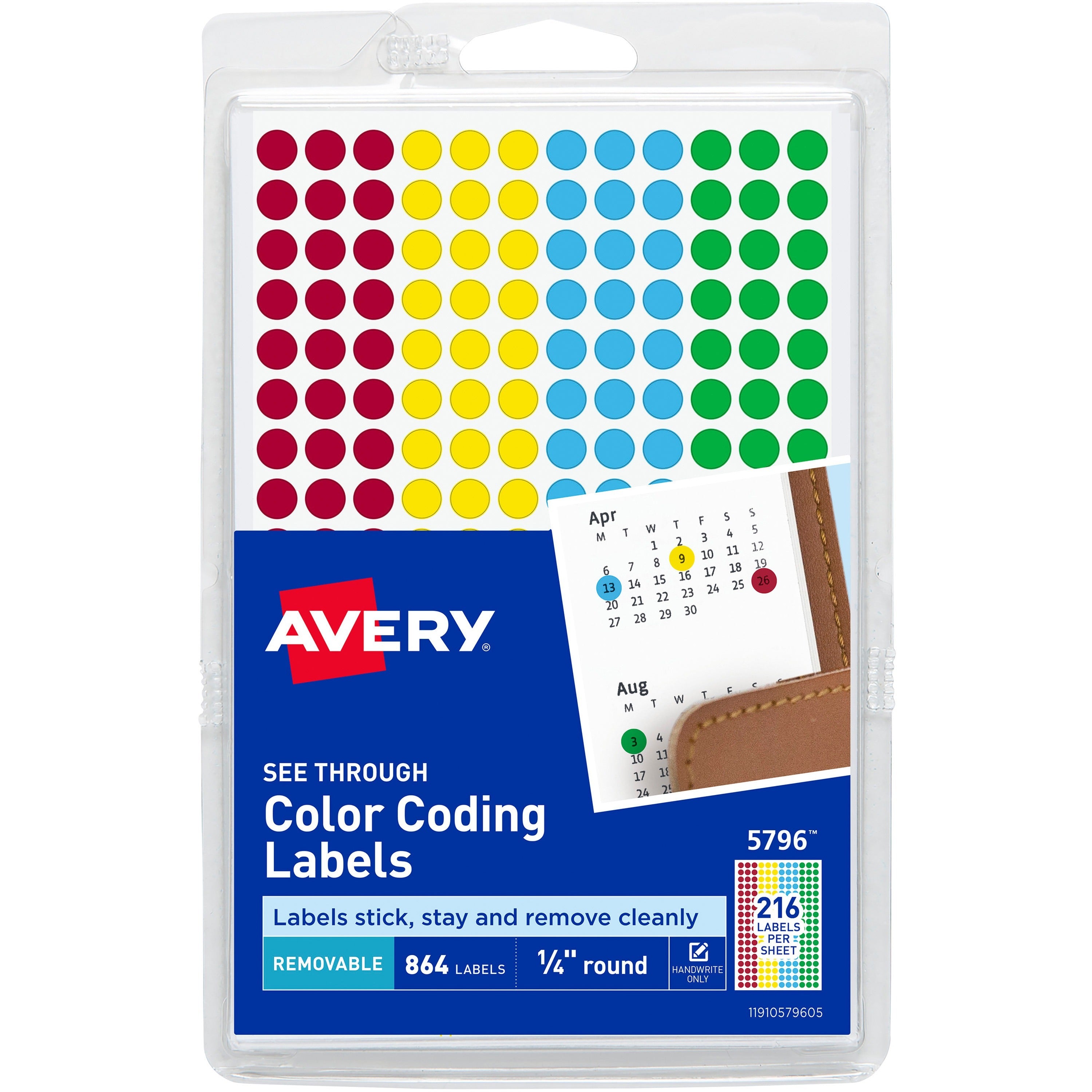 1/4" Diameter - Removable Adhesive - Round - Green, Light Blue, Red, Yellow - Film - 216 / Sheet - 4 Total Sheets - 864 Total Label(s) - 860 / Pack