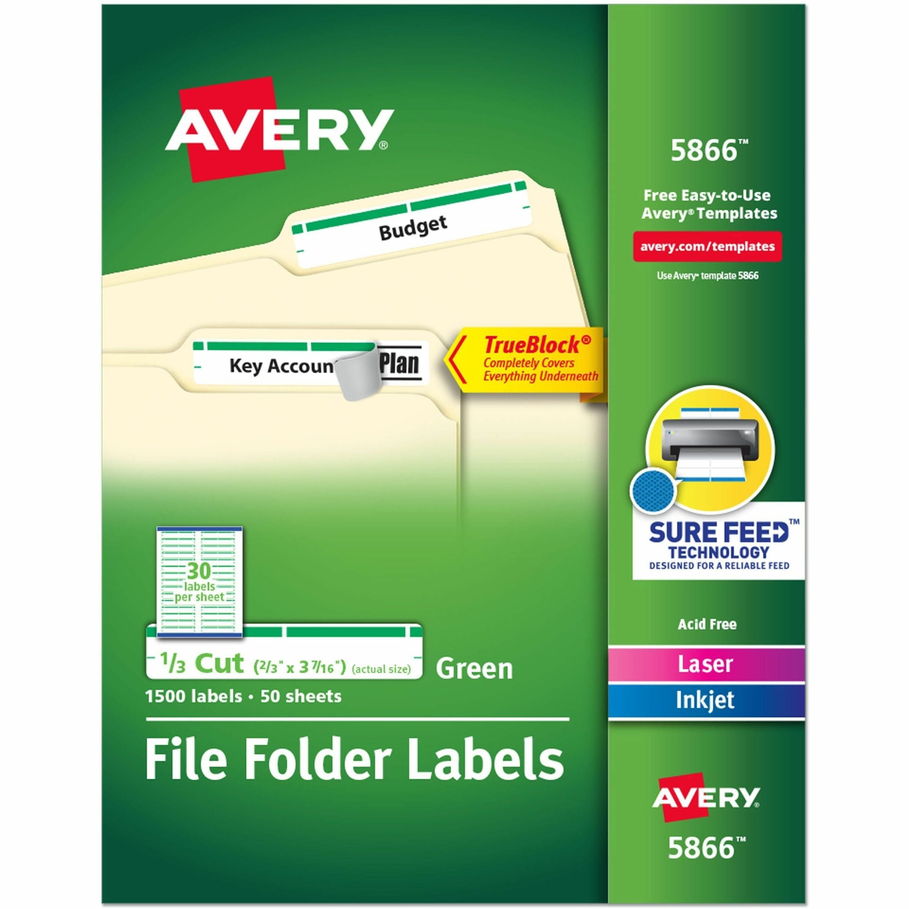 Avery TrueBlock File Folder Labels, Green, 2/3" x 3 7/16", Matte, Rectangle, Permanent Adhesive, Jam Resistant, 30 Labels/Sheet, 50 Sheets, 1500 Labels/Box