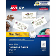 Avery Clean Edge Business Cards, Matte, Heavyweight, Rounded Corner, Double-sided, White, 2" x 3 1/2", 91 lb, 145 Brightness, 2000 Cards (200 Sheets) per Box
