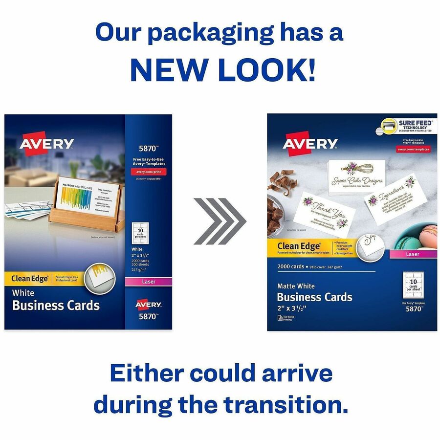 Avery Clean Edge Business Cards, Matte, Heavyweight, Rounded Corner, Double-sided, White, 2" x 3 1/2", 91 lb, 145 Brightness, 2000 Cards (200 Sheets) per Box