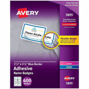 Avery Adhesive Name Badges, 2 21/64" x 3 3/8", Rectangle, Removable, Matte, White/Blue with Blue Border, 8 per Sheet, 50 Sheets, 400 Labels per Box, PVC-free, Inkjet/Laser Compatible