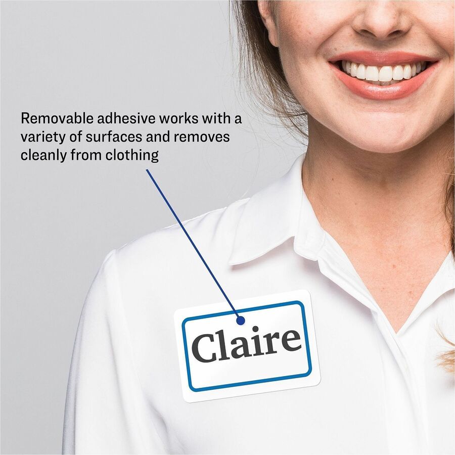 Avery Adhesive Name Badges, 2 21/64" x 3 3/8", Rectangle, Removable, Matte, White/Blue with Blue Border, 8 per Sheet, 50 Sheets, 400 Labels per Box, PVC-free, Inkjet/Laser Compatible