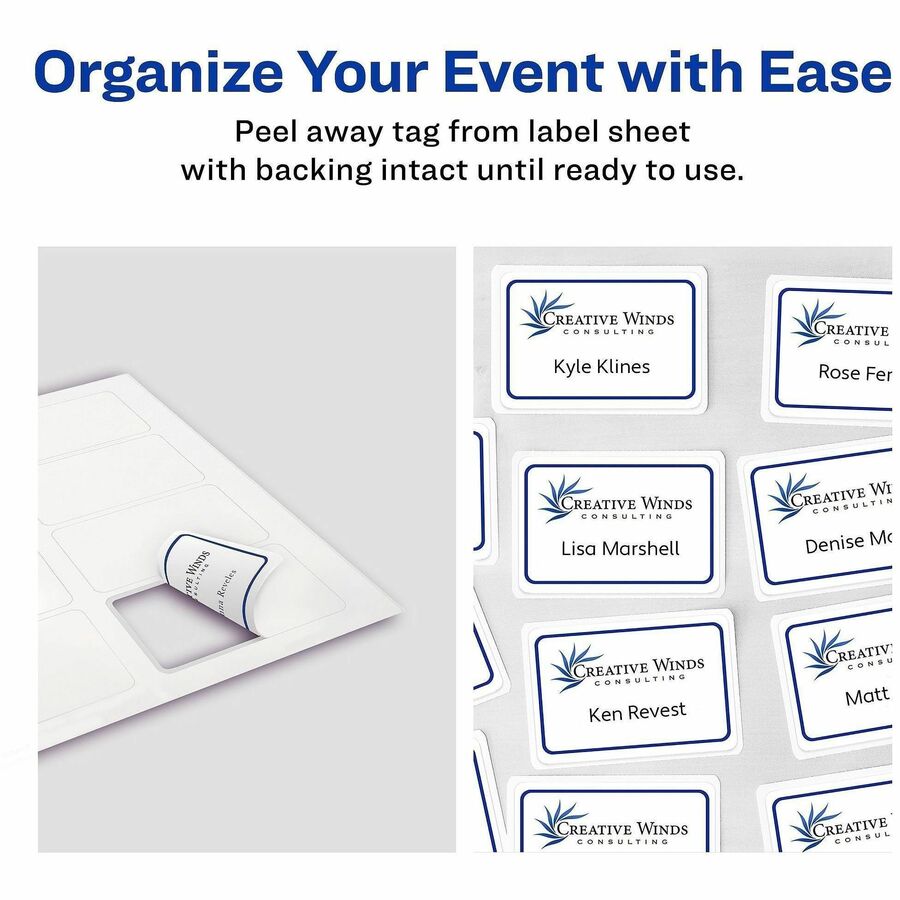 Avery Adhesive Name Badges, 2 21/64" x 3 3/8", Rectangle, Removable, Matte, White/Blue with Blue Border, 8 per Sheet, 50 Sheets, 400 Labels per Box, PVC-free, Inkjet/Laser Compatible