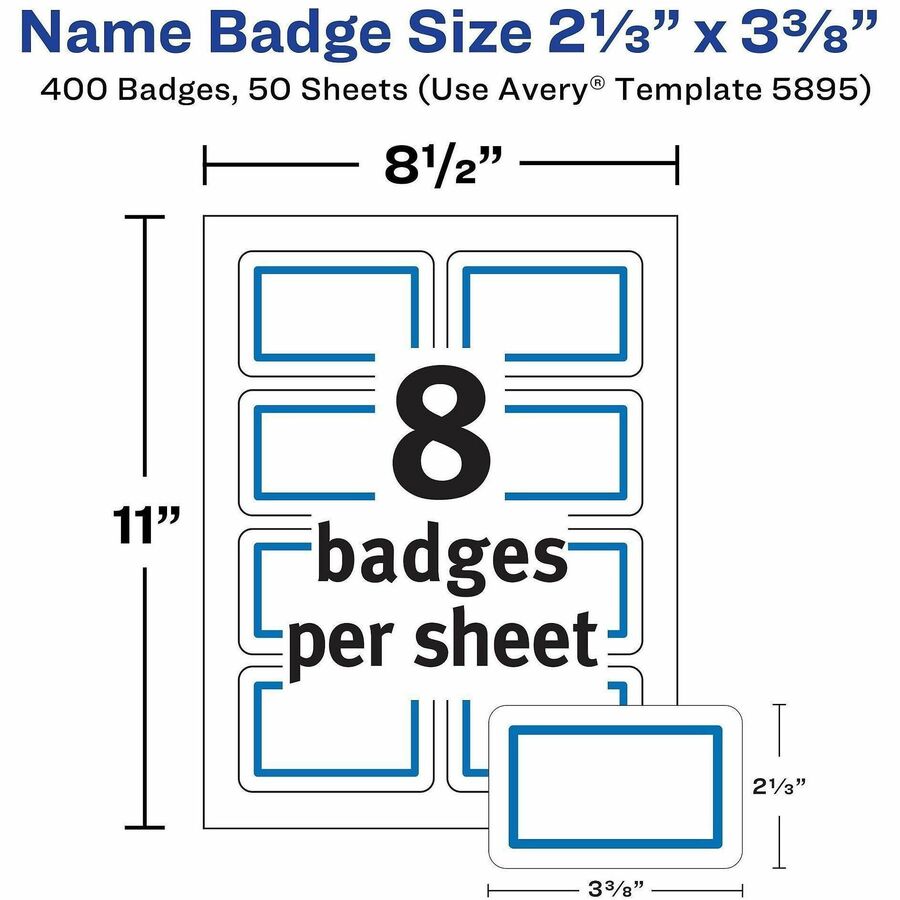 Avery Adhesive Name Badges, 2 21/64" x 3 3/8", Rectangle, Removable, Matte, White/Blue with Blue Border, 8 per Sheet, 50 Sheets, 400 Labels per Box, PVC-free, Inkjet/Laser Compatible