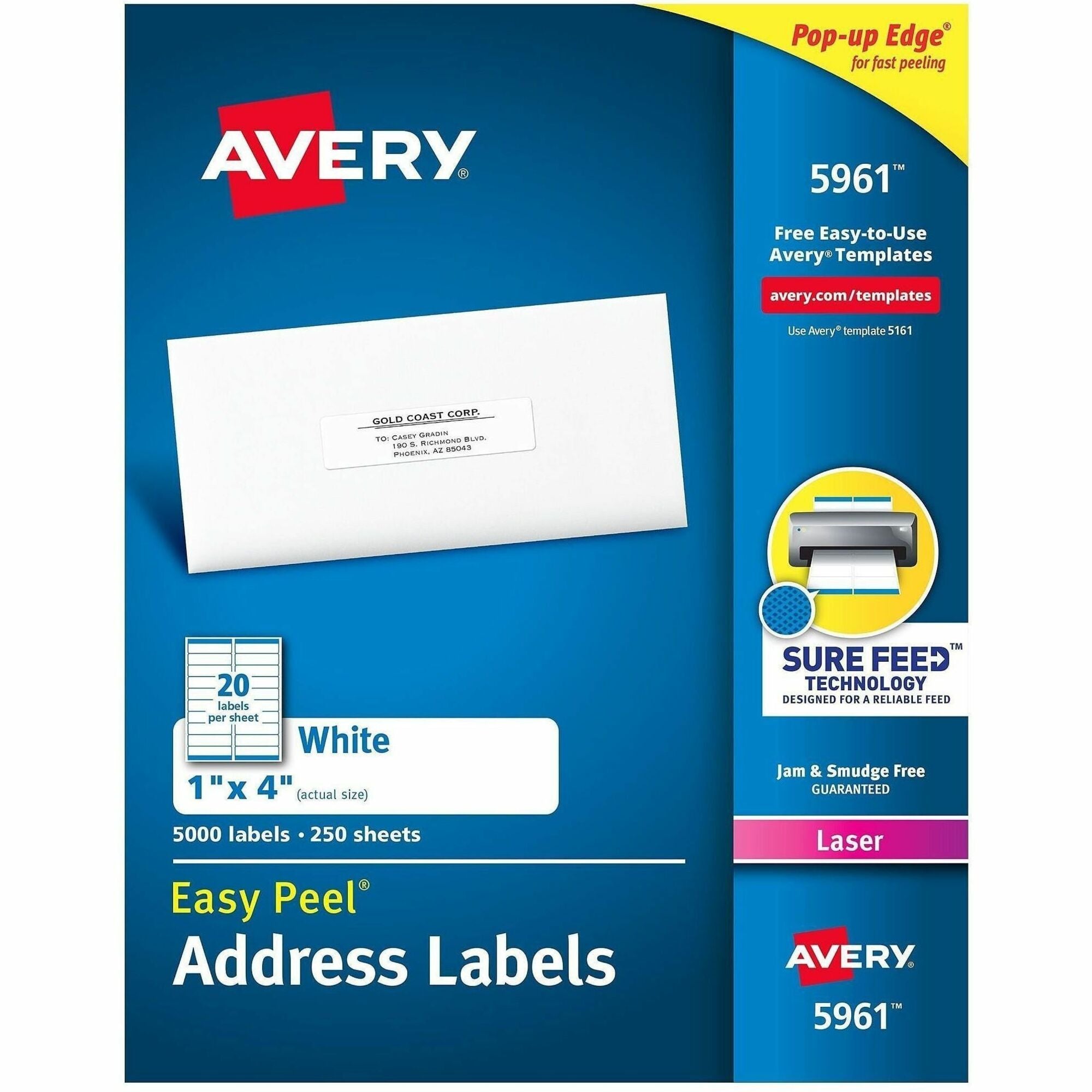 Avery&reg; Easy Peel Address Labels, 1" x 4" , 5,000 White Labels (5961)