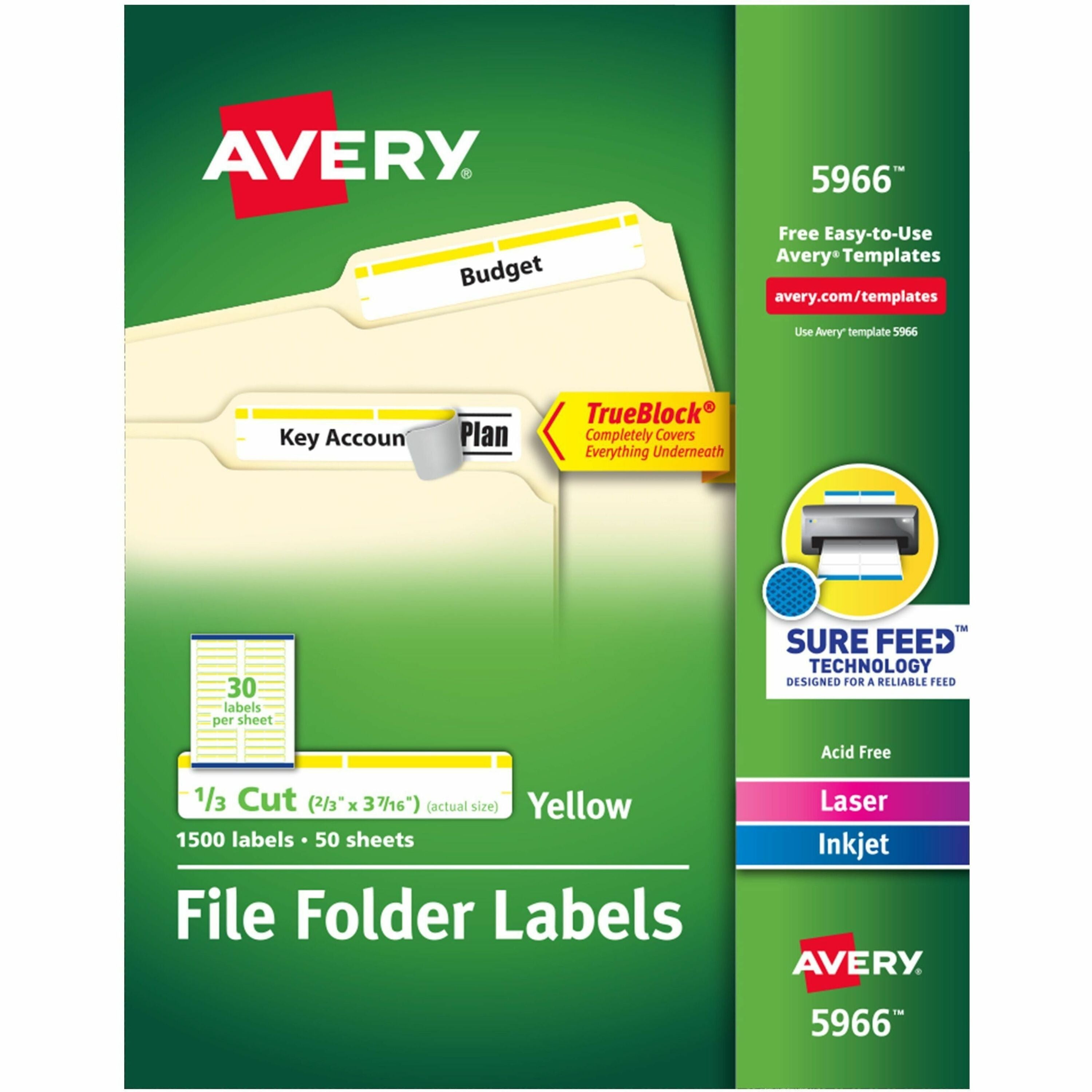 Avery TrueBlock File Folder Labels, Yellow, 2/3" x 3 7/16", Matte, Permanent Adhesive, Rectangle, Inkjet/Laser Compatible, 30 Labels/Sheet, 50 Sheets, 1500 Labels/Box