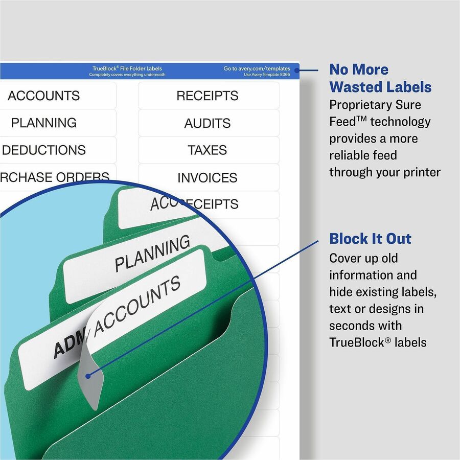 Avery TrueBlock File Folder Labels, Yellow, 2/3" x 3 7/16", Matte, Permanent Adhesive, Rectangle, Inkjet/Laser Compatible, 30 Labels/Sheet, 50 Sheets, 1500 Labels/Box