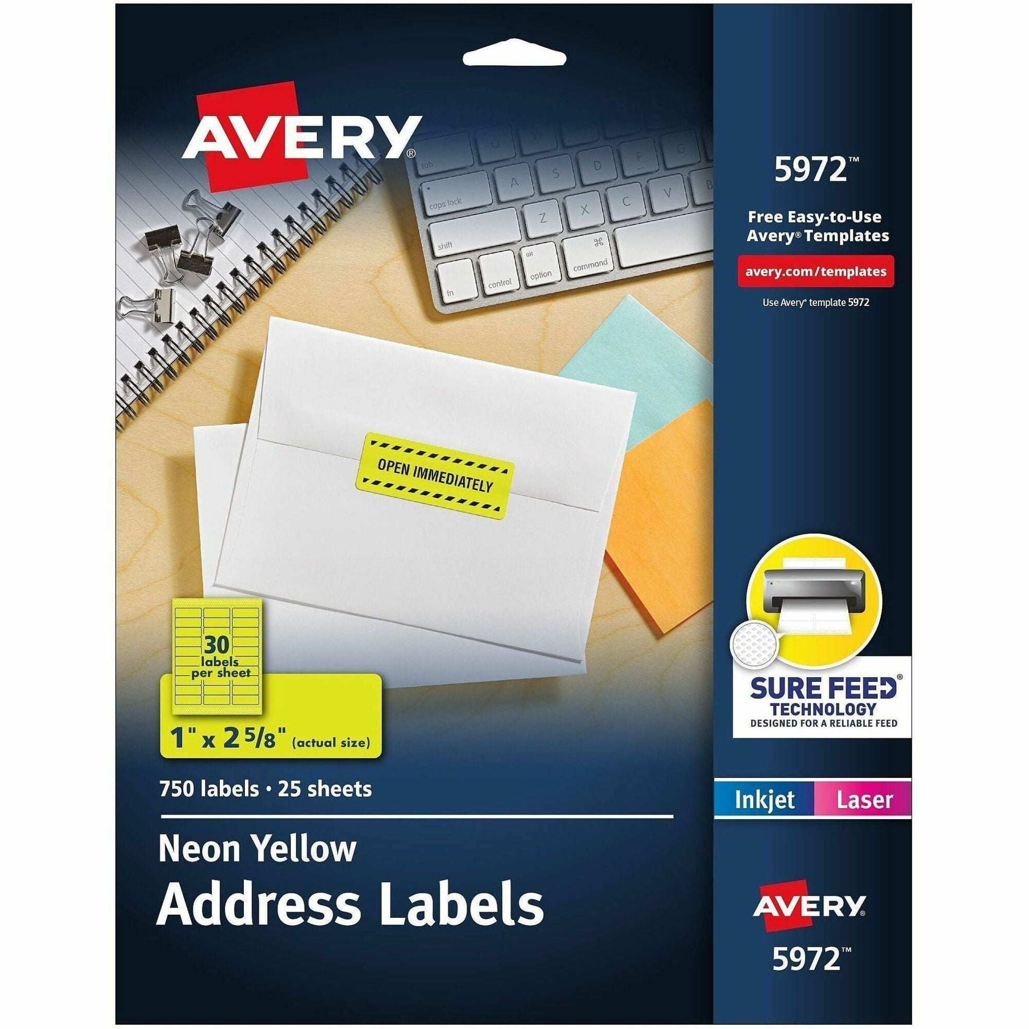 Avery&reg; Shipping Labels - 1" Width x 2 5/8" Length - Permanent Adhesive - Rectangle - Laser - Neon Yellow - Paper - 30 / Sheet - 25 Total Sheets - 750 Total Label(s) - 750 / Pack
