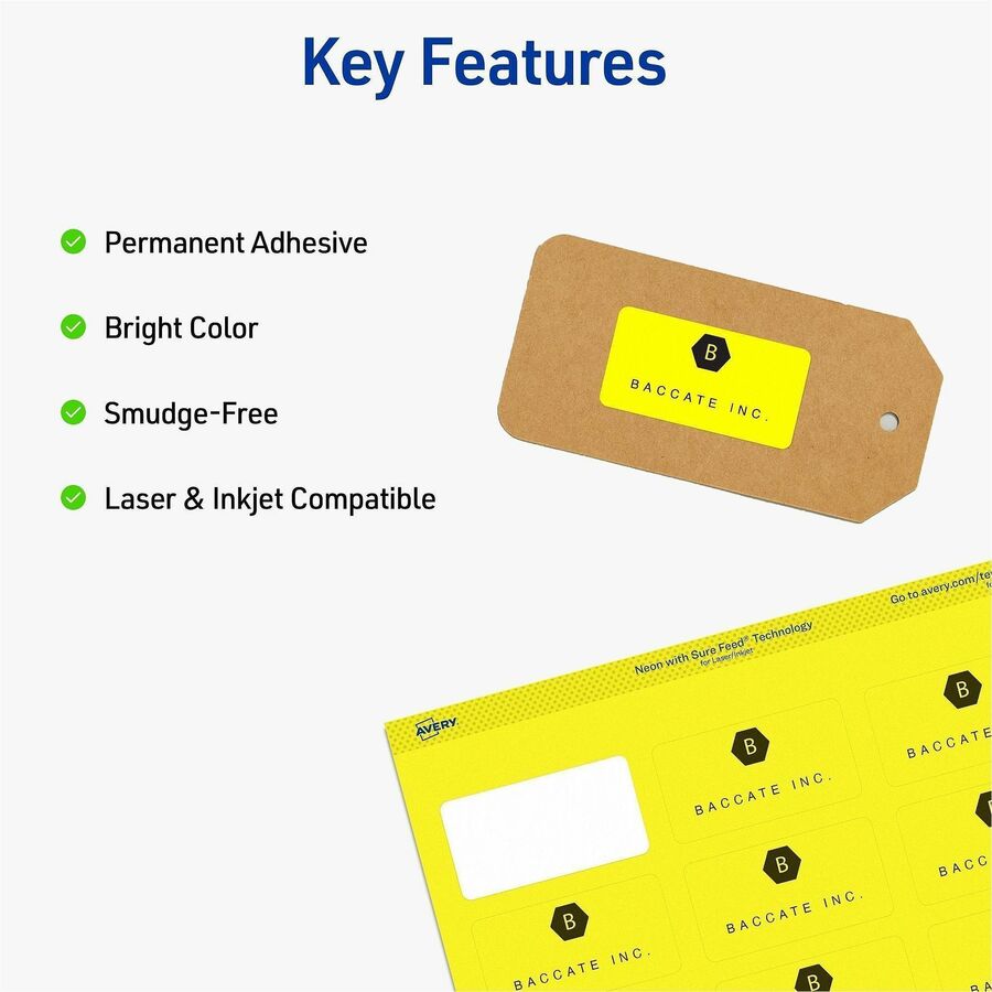 Avery&reg; Shipping Labels - 1" Width x 2 5/8" Length - Permanent Adhesive - Rectangle - Laser - Neon Yellow - Paper - 30 / Sheet - 25 Total Sheets - 750 Total Label(s) - 750 / Pack