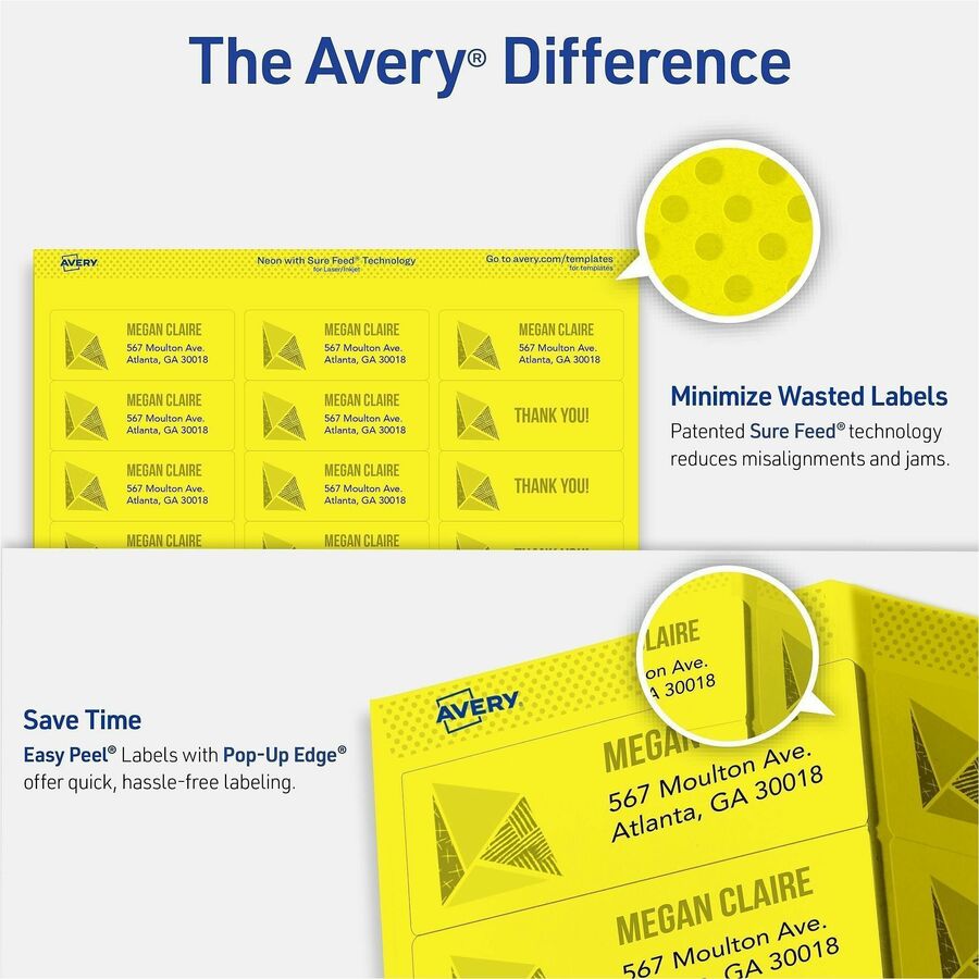 Avery&reg; Shipping Labels - 1" Width x 2 5/8" Length - Permanent Adhesive - Rectangle - Laser - Neon Yellow - Paper - 30 / Sheet - 25 Total Sheets - 750 Total Label(s) - 750 / Pack