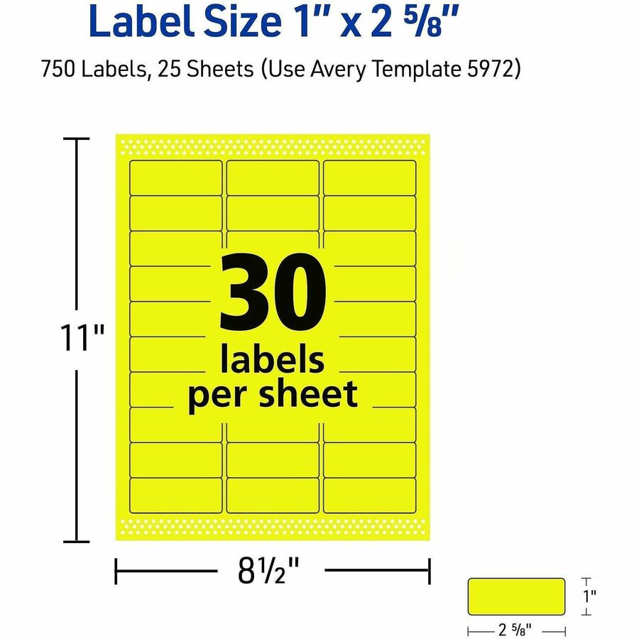 Avery&reg; Shipping Labels - 1" Width x 2 5/8" Length - Permanent Adhesive - Rectangle - Laser - Neon Yellow - Paper - 30 / Sheet - 25 Total Sheets - 750 Total Label(s) - 750 / Pack