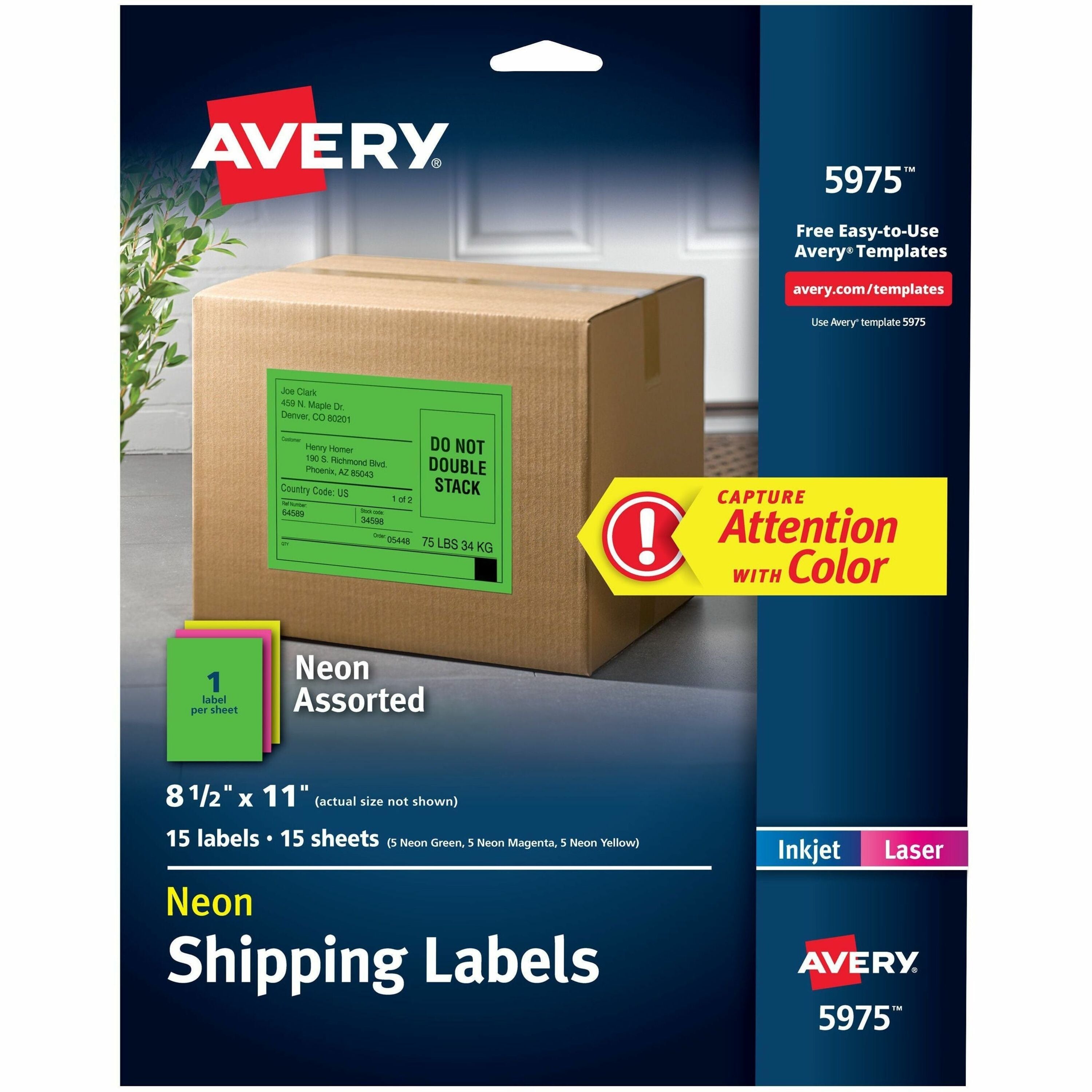 Avery&reg; Assorted Neon Shipping Labels, 8-1/2" x 11" , 15 Labels (5975)