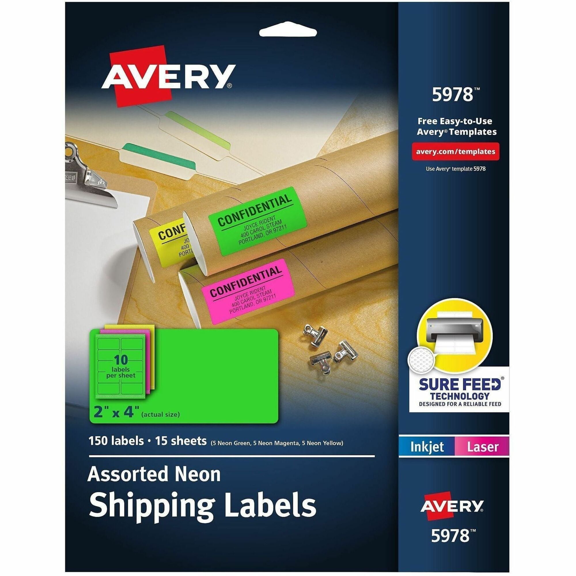 Avery&reg; 2"x4" Neon Shipping Labels, Sure Feed, 150 Labels (5978)