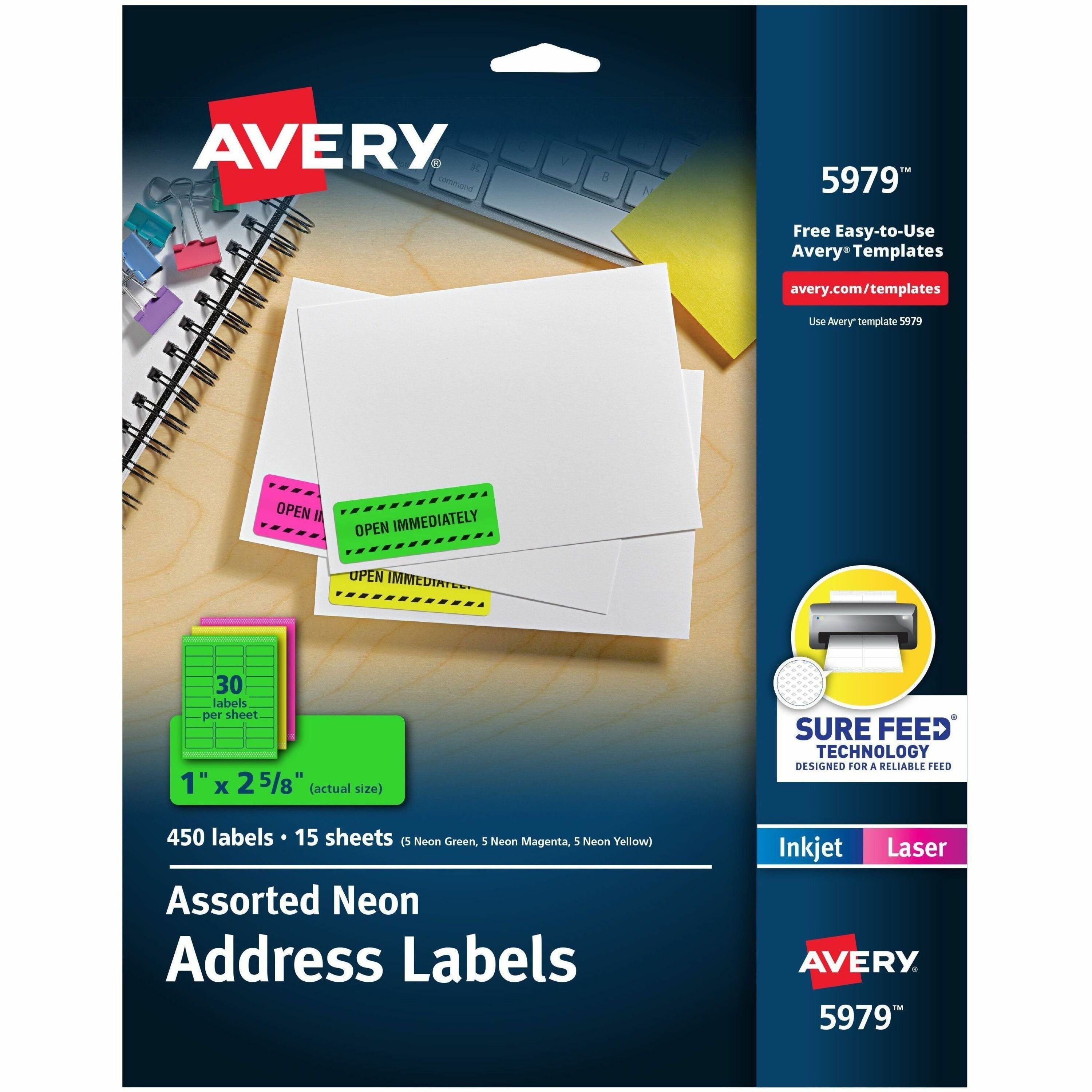 Avery Shipping Labels, 1" x 2 5/8", Rectangle, Permanent Adhesive, Matte, Neon Magenta/Green/Yellow, Jam/Smudge/Smear/Curl/Peeling Resistant, 30 Labels/Sheet, 15 Sheets, 450 Labels, 5 Pack