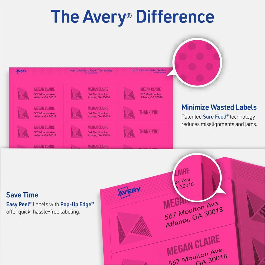 Avery Shipping Labels, 1" x 2 5/8", Rectangle, Permanent Adhesive, Matte, Neon Magenta/Green/Yellow, Jam/Smudge/Smear/Curl/Peeling Resistant, 30 Labels/Sheet, 15 Sheets, 450 Labels, 5 Pack