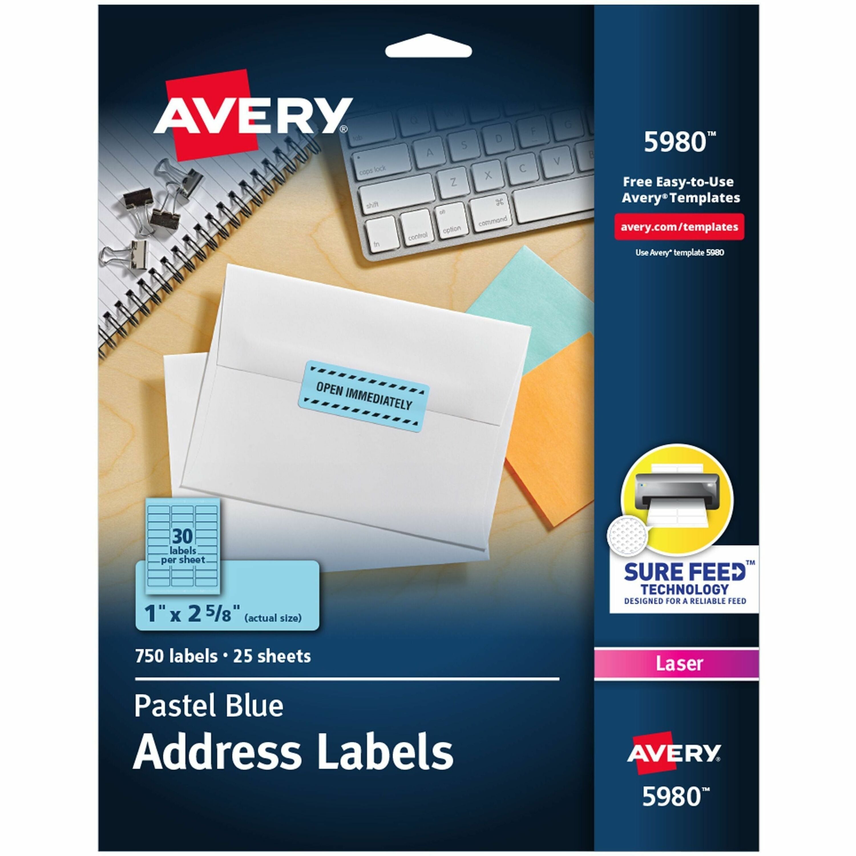 Avery Shipping Labels, 1" x 2 5/8", Rectangle, Permanent Adhesive, Matte, Pastel Blue, Laser Compatible, 30 Labels/Sheet, 25 Sheets, 750 Labels/Pack