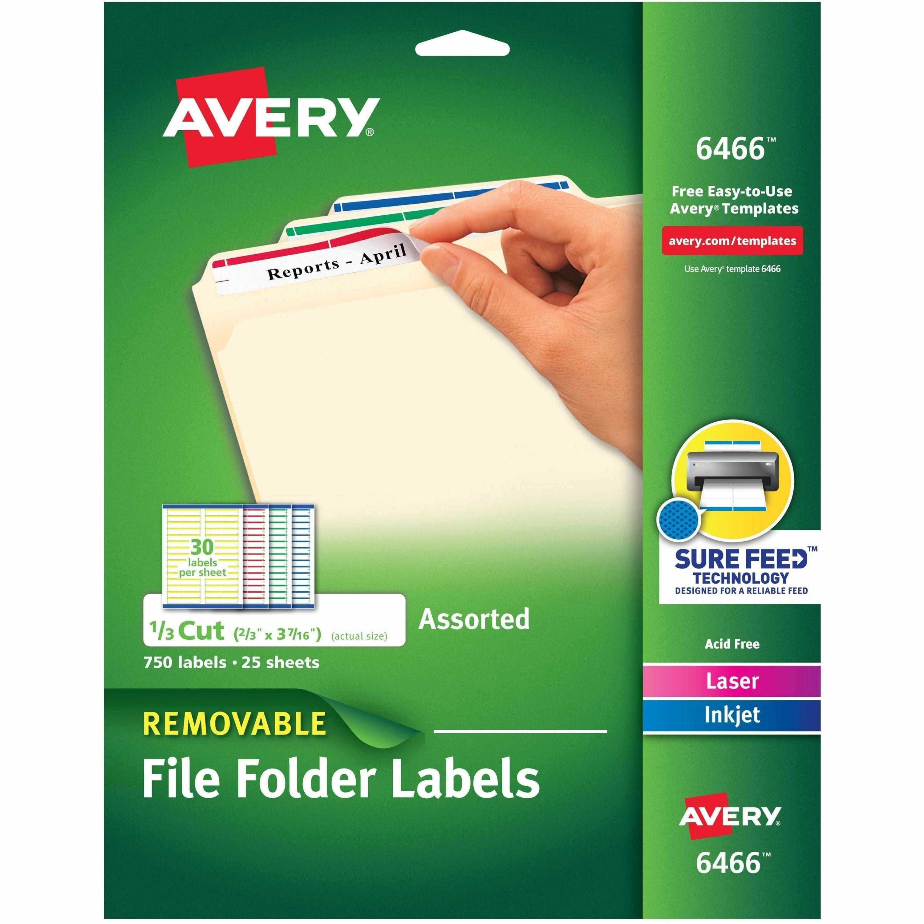 2/3" Width x 3 7/16" Length - Removable Adhesive - Rectangle - Inkjet, Laser - Matte - Blue, Green, Red, White, Yellow - Paper - Jam Resistant, PVC-free, Removable, Reusable, Stick & Stay - 30 / Sheet - 25 Total Sheets - 750 Total Label(s) - 750 / Pack