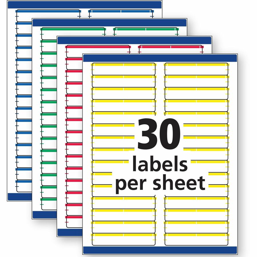 2/3" Width x 3 7/16" Length - Removable Adhesive - Rectangle - Inkjet, Laser - Matte - Blue, Green, Red, White, Yellow - Paper - Jam Resistant, PVC-free, Removable, Reusable, Stick & Stay - 30 / Sheet - 25 Total Sheets - 750 Total Label(s) - 750 / Pack