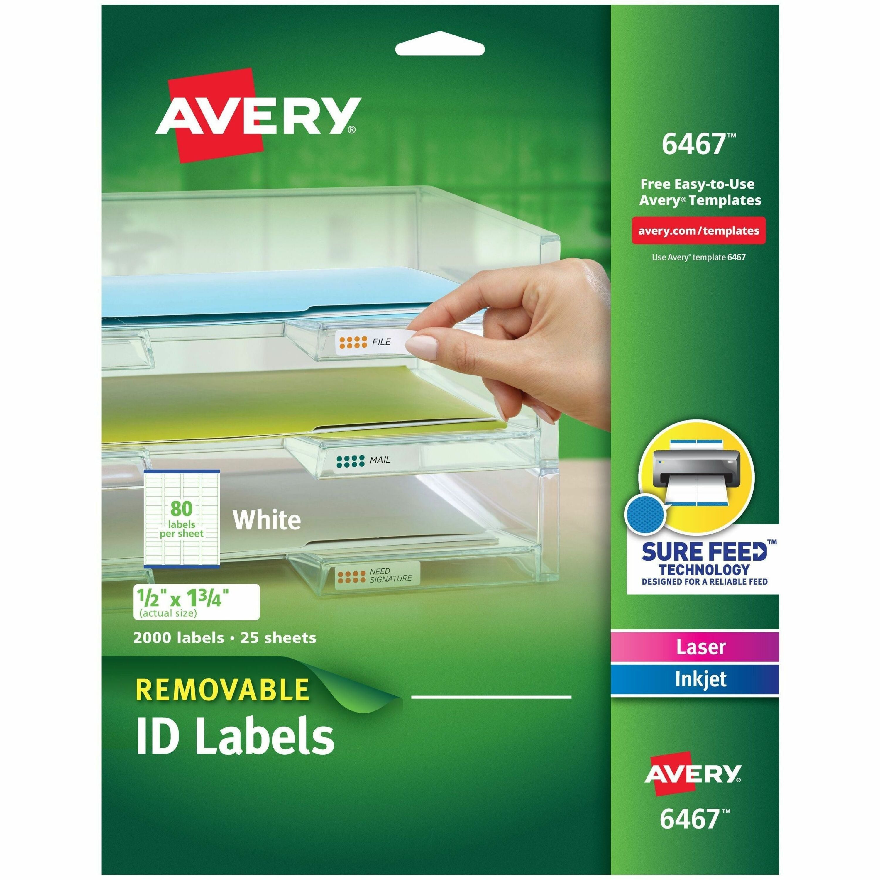 Avery&reg; Removable I.D. Laser/Inkjet Labels - 1/2" Width x 1 3/4" Length - Removable Adhesive - Rectangle - Inkjet, Laser - White - Paper - Jam Resistant, PVC-free, Removable - 80 / Sheet - 25 Total Sheets - 2000 Total Label(s) - 2000 / Pack