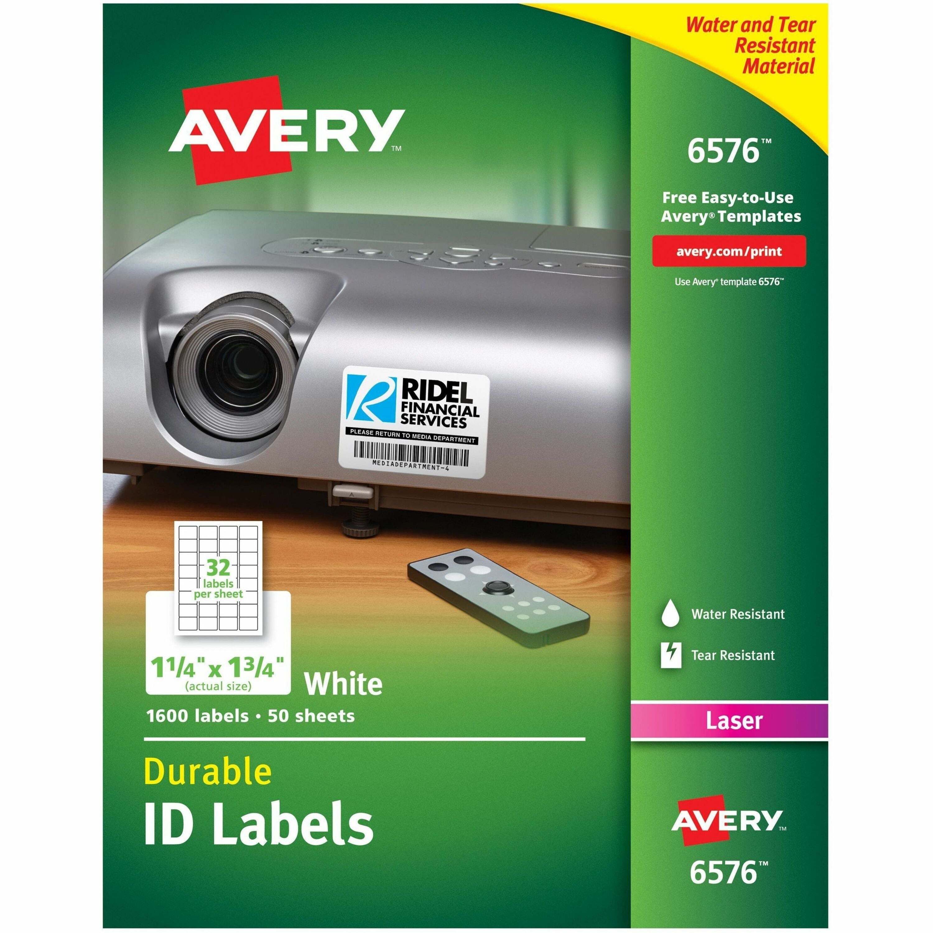 Avery TrueBlock ID Labels, Waterproof, 1 1/4" x 1 3/4", Rectangle, Matte White Film, Permanent Adhesive, Laser Printable, 32 Labels/Sheet, 50 Sheets, 1600 Labels/Pack